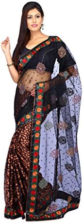 Indian Wedding Black Net &amp; Brasso Women Saree with Unstitched Blouse