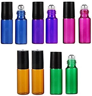 GreatBBA 10 Count 5ml Glass Refillable Empty Roller Bottles, Aromatherapy Essential Oils Perfumes Roll-on Bottles (Amber/Blue/Green/Pink/Purple)