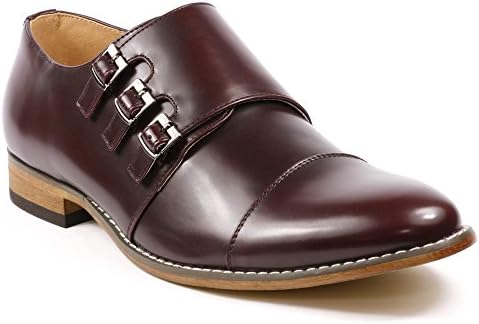 UVS09 Men's Triple Monk Strap Cap Toe Slip On Loafers Dress Shoes (Burgundy, 11)