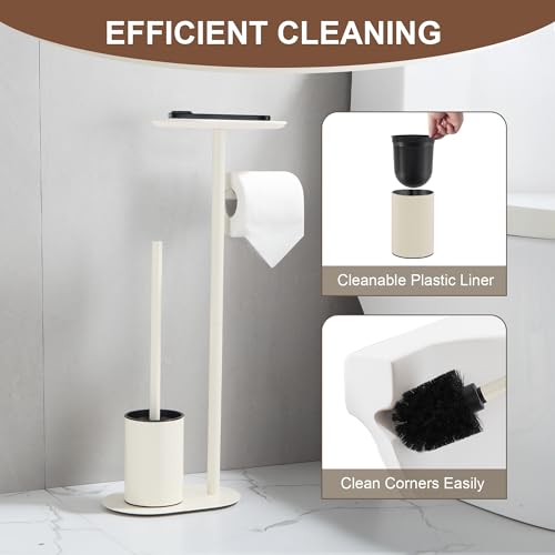BGL White Stainless Steel Freestanding Toilet Brush Set - Toilet Brush and Toilet Brush with Toilet Paper Holder, 3 in 1 Set with Shelf, Modern Design