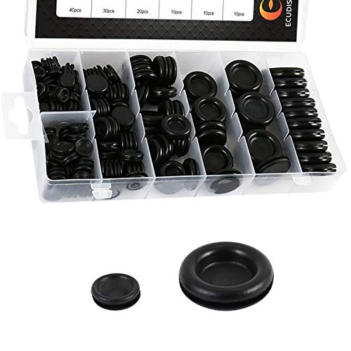 ECUDIS 170Pcs Rubber Grommet Firewall Hole Plug Set Electrical Wire Gasket Assortment, Set of 7 Different Metric Sizes, with See-Through Divided Organizer Case for Car Machine Pump Water Pipe
