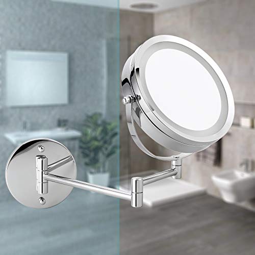 LED Double-Sided Magnifying Makeup Mirror, 6.7" Diameter 1X/5X Adjustable Magnification Led Cosmetic Mirror Wall Mounted, 360° Rotating Function, Lighted Vanity Mirror, Chrome Extendable Swivel Mirror - Thumbnail 7