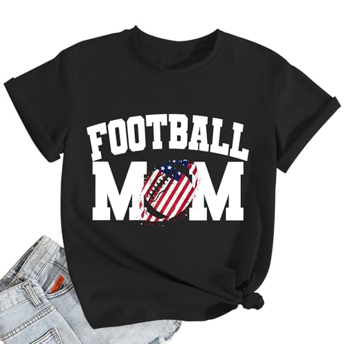 qdl Football Mom Shirt for Women - Game Day American Flag Tee Football Season Fan Short Sleeve