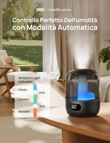 Dreo 3L Quiet Children's Environment Humidifier 26dB with Humidity Sensor, Ultrasonic Cool Mist, 360° Nozzle, 30h Autonomy, Essential Oil Diffuser, Ambient Light, for Home and Plants, Black