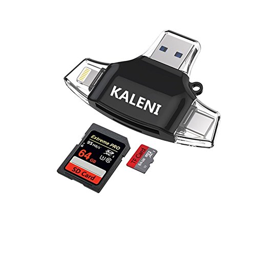 KALENI SD Card Reader,Memory Micro SD Card Reader USB Type C Adapter Viewer for iPhone iPad Android Mac - Supports Lightning Micro USB Type C 4 in 1 (Black)