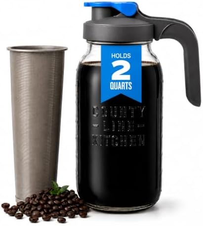 County Line Kitchen 64oz Cold Brew Coffee Maker with Leak Proof Lid - Gray | Glass Cold Brew Coffee Maker - Wide Mouth Mason Jar, Stainless Steel Filter & Leak-Proof Lid (64 oz)