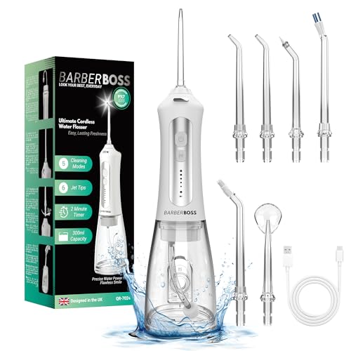 BarberBoss Water Flosser, Portable Oral Irrigator, Electric Tooth Flosser, Teeth Cleaning Kit, Cordless Water Flossers (White)