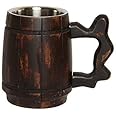 GoCraft Handmade Wooden Beer Mug with 18oz Stainless Steel Liner – Rustic Barrel Tankard for Men – Vintage Burnt Wood Beer Stein – Classic Pub Mug – Unique Beer Gift Idea – Barware Accessories