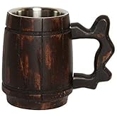 GoCraft Handmade Wooden Beer Mug with 18oz Stainless Steel Liner – Rustic Barrel Tankard for Men – Vintage Burnt Wood Beer Stein – Classic Pub Mug – Unique Beer Gift Idea – Barware Accessories