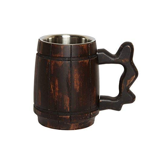 GoCraft Handmade Wooden Beer Mug with 18oz Stainless Steel Liner – Rustic Barrel Tankard for Men – Vintage Burnt Wood Beer Stein – Classic Pub Mug – Unique Beer Gift Idea – Barware Accessories