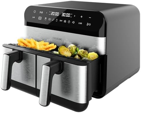Fritadeira de ar digital cecotec 9l cecofry advance 9000 inox. 2800w, 2 baldes de 4,5l, temperatura dupla, temperatura ajustável de 80-200ºc, 7 programas, painel de toque multifuncional