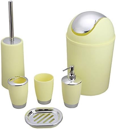 Bluelasers 6 Piece Plastic Bathroom Accessory Set Luxury Bath Accessories Bath Set,Lotion Dispenser Toothbrush Holder Tumbler Cup Soap Dish Trash Can Toilet Brush Set(Yellow)