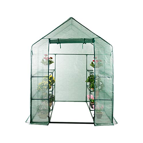 LINLUX Large Portable Walk-in Plant Greenhouse with PE Cover, 2 Tiers 8 Shelves Waterproof Gardening Steeple Greenhouse, Window Version and Roll-Up Zipper Door (56" W x 56" D x 77" H Inch)