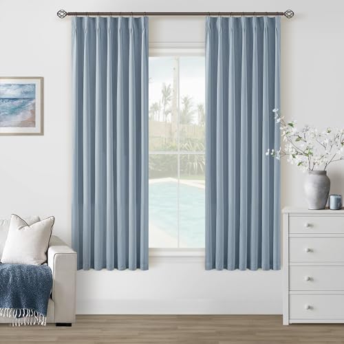 Dusty Blue 100% Black Out Pinch Pleated Linen 63 Inch Curtains with Liner - Used condition - US$54.43