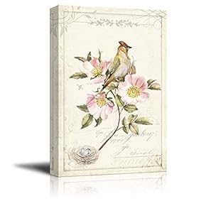 Canvas Wall Art - Vintage Style Pink Flower Bird Bird Nest - Giclee Print Gallery Wrap Modern Home Art Ready to Hang - 12x18 inches