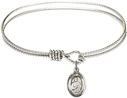 Rhodium Plate Oval Eye Hook Textured Bangle Bracelet with Saint Petite Charm, 7 1/4 Inch