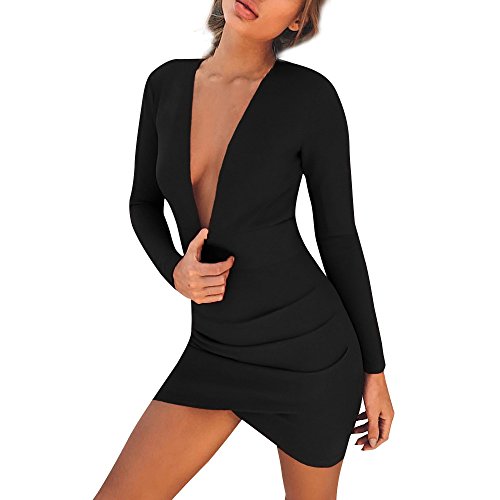 ZOMUSA Women's Sexy Deep V Halter Solid Long Sleeve Slim Short Party Cocktail Dress (M, Black)