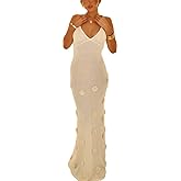 LOUSEA Womens See Through Knit Maxi Dress Tie Back Flower Dresses Sexy Spaghetti Strap Bodycon Dress Crochet Knit Coverup