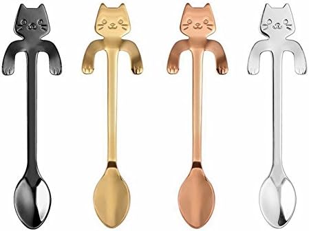 CALISTOUK 4Pcs Coffee Spoon Stainless Steel Cat Shape Tableware Kitchen Drink Hanging Cups -4 colors