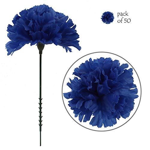 Larksilk Royal Blue Silk Carnation Picks, Artificial Flowers for Weddings, Decorations, DIY Decor, 50 Count Bulk, 3.5" Carnation Heads with 5" Stems