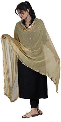 Dupatta Golden Lace And Beads Neck Scarf Wrap Semi Chiffon Ethnic Hijab Sarong Shawl Chunni Stole for Woman