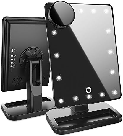 Trendsettings Touch Vanity Makeup Mirror with LED Lights, Bluetooth Speaker, 10X Zoom Magnification, Adjustable 360° Rotating Table Top Stand – Rectangular, Portable, Easy to Use,Magnifying (Black)