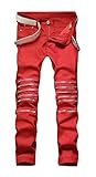 Men's Red Ripped Stretch Skinny Straight Cut Slim Fit Jeans Pants with Zipper Red W30