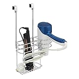 mDesign Metal Over Door Hair Care & Styling Tool Storage Organizer Basket for Hair Dryer, Flat Iron, Curling Wand, Hair Straightener, Brush - Hang Inside or Outside Cabinet Doors, 2 Sections - Chrome