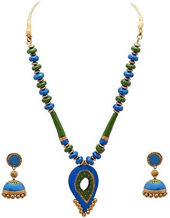 Tibetan Handmade Blue Painted Terracotta Mosaic Jewelry Set Pendant Necklace Earrings