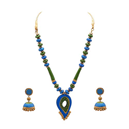 Tibetan Handmade Blue Painted Terracotta Mosaic Jewelry Set Pendant Necklace Earrings