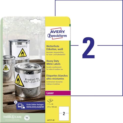 AVERY Zweckform L4717-20 Weatherproof Film Labels 210 x 148 mm on A4 Extremely Strong Self-Adhesive Waterproof Durable Printable Outdoor Adhesive Film 20 Sheets White