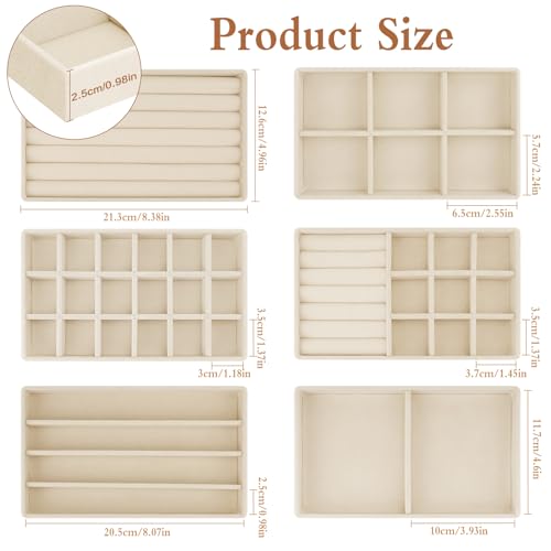 6 Velvet Jewellery Trays for Drawers for Storing/Displaying Jewellery, Jewellery Storage Drawer with 6 Different Styles, Jewellery Storage Tray for Ring/Necklace/Bracelet (Beige)