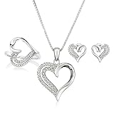 Womens Matching Heart Jewelry Set, Silver Necklace, Earrings, and Ring for Wife or Girlfriend