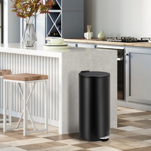 30L Round Kitchen Trash Can, 8 Gallon Compact Rubbish Bin with Soft-Close Lid and Foot Pedal, Stainless Steel Waste Container with Removable Inner Bucket for Bathroom, Living Room, White
