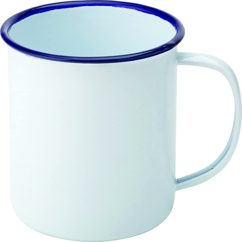 Utopia Blue Rim Enamel Mug White 19.5oz / 554ml - Case of 6 - Vintage Steel Camping Mug with Enamel Coating Blue