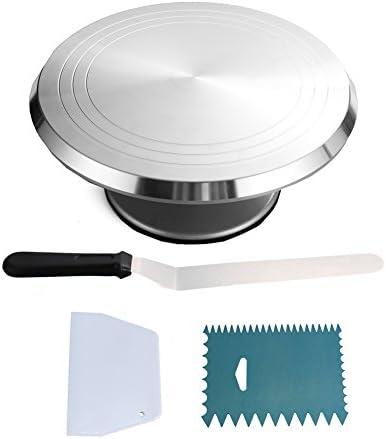 Chiyan 001 Decoration kit Round Cake Revolving Turnable 12''Stand With Icing Spatula & Decorating Comb | Non Slip Rubber Base, Durable Aluminum, Rotating |For Birthdays, Weddi, 12.5 x 12.4 x 6.1