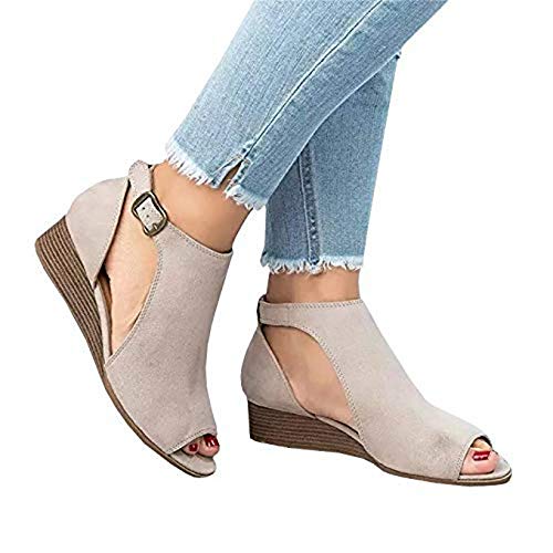 PiePieBuy Women's Cut Out Espadrille Platform Wedge Sandals Ankle Strap Peep Toe Suede Shoes - Thumbnail 5