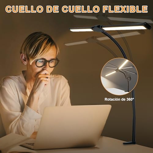 Lámpara Doble de Escritorio LED, Lampara de Escritorio con 3 Modos de Color y 10 Ajustes de Brillo, Lampara de Mesa de Brazo Flexible Ajustable 360° para Leer, Hogar y Oficina (Negro, 50 centímetros)