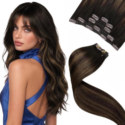 LaaVoo Clip in Extensions Echthaar Braun Haarverlängerung Echthaar Clip Ombre Braun mit Hellbraun 5PCS 40cm 80g #2/8/2