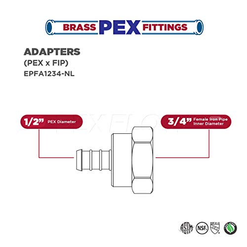 Pexflow EPFA1234-5 PEX Barb x Female Pipe Thread Adapter Fitting, 1/2 x 3/4, Brass, 5 piece