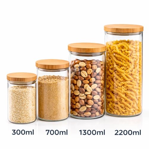 Potes Hermeticos de Vidro Kit 4 Peças Porta Mantimentos Tampa de Bambu Organizadores de Cozinha 300ml 700ml 1300ml 2200ml Armazenamento de Grãos Café Massas Açúcar Bancada Elegante