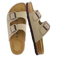 CUSHIONAIRE Lane Cork Footbed Sandals for Women – Comfortable Double Buckle Slip-On with Genuine Suede Footbed & Arch Support Slides for Women Footwear