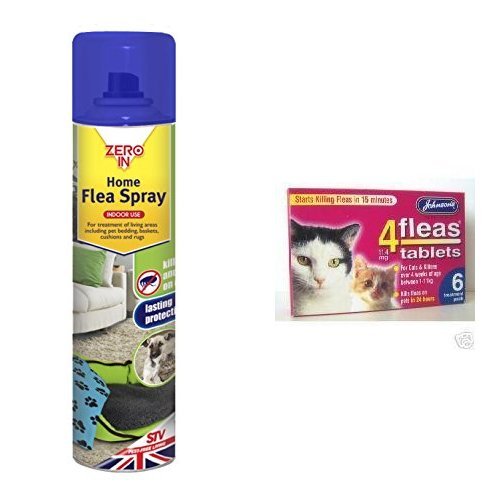 Zero In Home Flea Spray - 300ml Aerosol & Johnsons Veterinary Products 4Fleas Tablets for Cats and Kittens Set