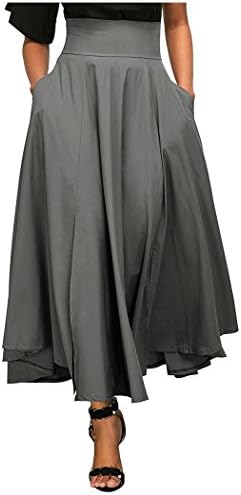 Kumer Women's High Waist Long Skirt Pleated A Line Swing Skirt Front Slit Belted Maxi Skirt, Grey, Small
