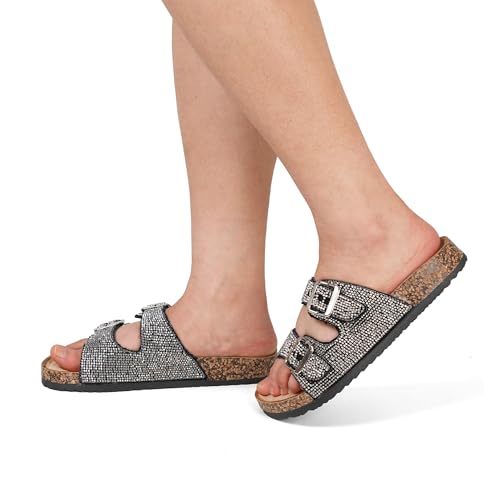 JOMIX Women's Flip Flops with Rhinestones Double Strap Sandals with Adjustable Buckle and Soft Cork Summer Clogs Comfortable Footwear