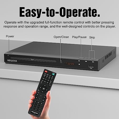 MEGATEK Region-Free HDMI DVD Player for TV, Compact CD/DVD Player with USB Port, Plays All Region DVDs & Multi Formats, Metal Housing, HDMI/RCA Cables & Remote Included