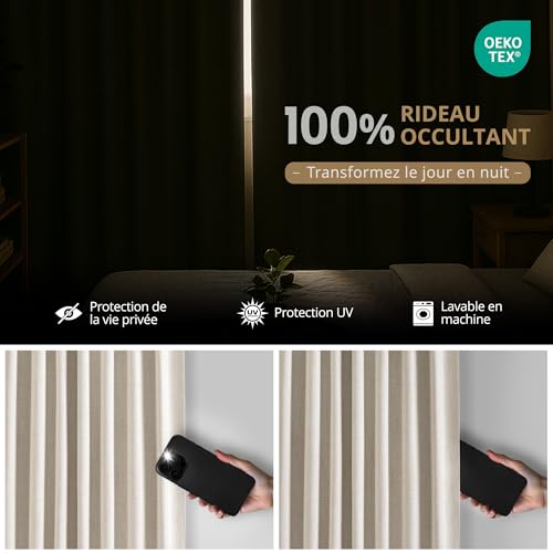 DEFYNEE 100% Blackout Curtains with Eyelets, Discreet Linen Texture – Set of 2 – H245 x W140 cm – Anti-Privacy Curtains with Loops for Bedroom or Living Room, Cream