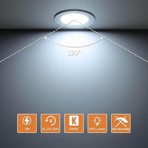 Tomosu Pack of 10 Extra Flat LED Recessed Spotlights, 5 W 450 LM Equivalent to 50 W Incandescence, IP44 Waterproof Bathroom Spotlight Cool White 6000 K, Hole Φ75-90 mm, AC220-240 V