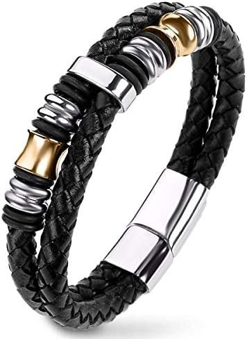 Alltoze ブレスレット メンズ レザー 腕輪 アクセサリー バングル サージカルステンレス 黒 二連ブレスレット 本革