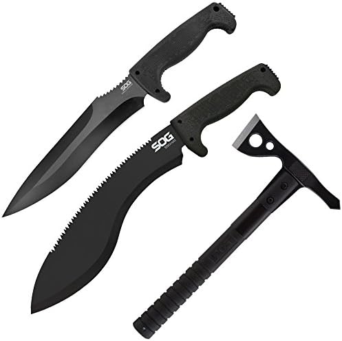 Saving set SOG SOGfari Kukri Machete MC11-N + Jungle Warrior Fixed Blade F14N-CP + FastHawk F06TN-CP - Hardcased Black, 420 Stainless Steel